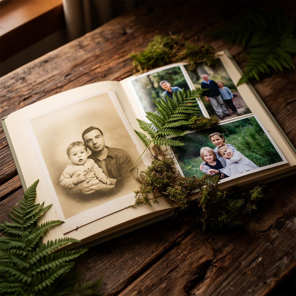 Open family album with pressed ferns