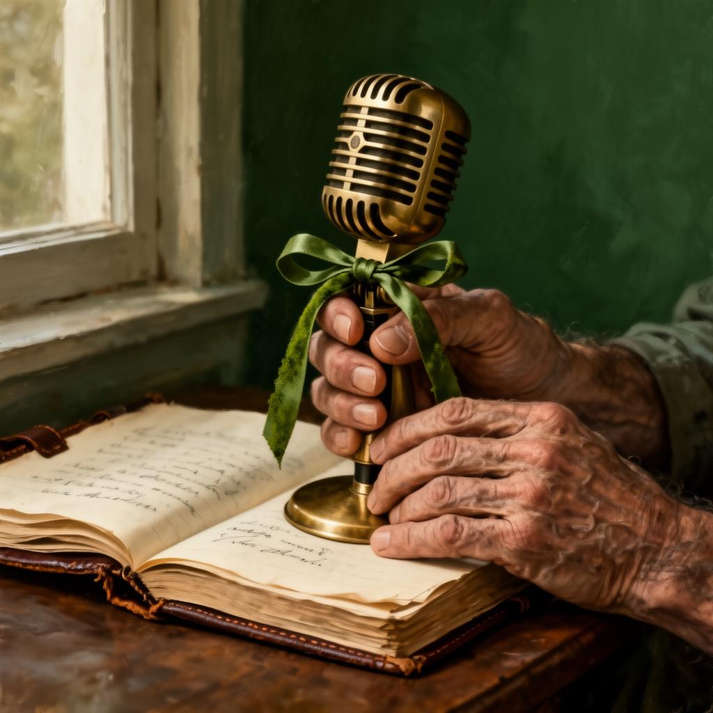 Hands holding a vintage microphone wrapped with a green ribbon